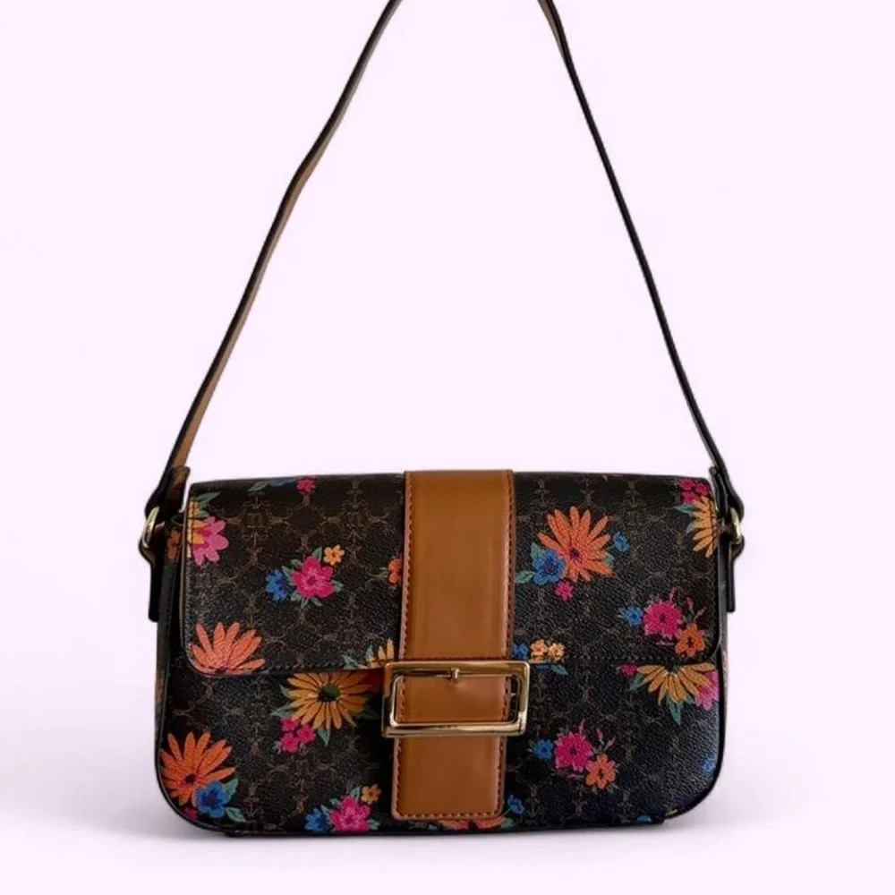 Nanette Lepore Fiona Logo Flap Floral Baguette Shoulder Bag - Picture 2 of 6